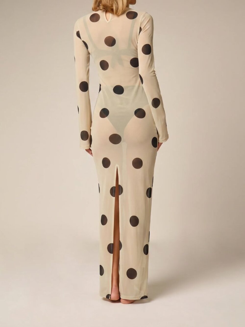 White Elegant Women's Polka Dot Extra-Long Sleeve Pencil Dress - Picture 2 of 5